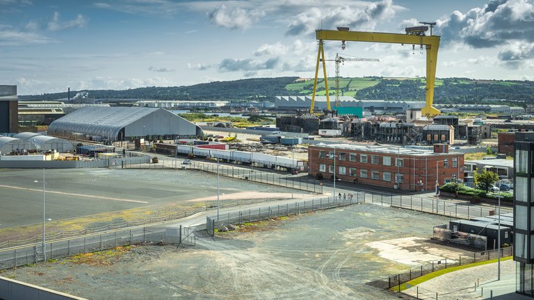 View of Belfast harbour and docks with large yellow crane, Northern Ireland
