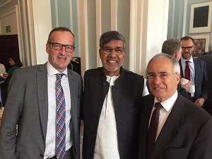 Kailash Satyarthi with Lord Stern of Brentford and Chief Executive of British Academy Alun Evans.