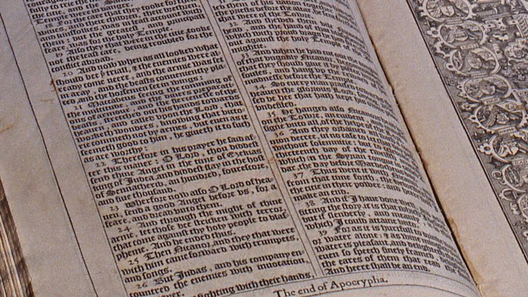 A close-up of the open page of the King James' Bible.