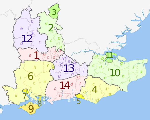 Map of the South East England region, showing its counties and administrative districts.