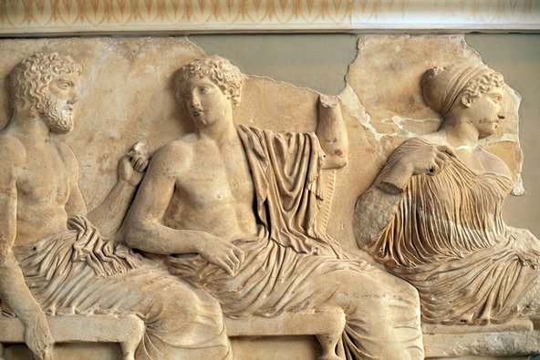 Parthenon frieze depicting Poseidon, Apollo, Artemis and Athena, from left to right, Greece, Greek civilisation, 5th century BC. Athens, Moussío. Credit: DEA / ARCHIVIO J. LANGE / Contributor/Getty Images