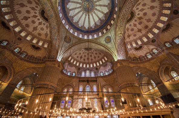 The Sultan Ahmed Mosque or Sultan Ahmet Mosque is a historic mosque in Istanbul. The mosque is popularly known as the Blue Mosque for the blue tiles adorning the walls of its interior. Credit:  Paul Biris/Getty Images.
