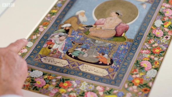 Simon Schama holding the painting by Bichitr, Jahangir preferring a Sufi Shaikh to Kings