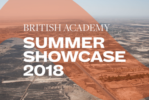 Summer Showcase 2018 translucent branding and typography over an image of Syrian agriculture