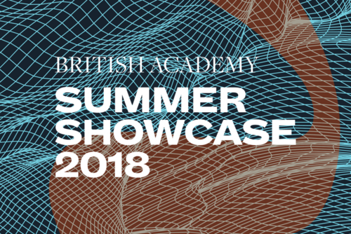 Summer Showcase 2018 translucent branding and typography over an image of a net of light blue waves over a dark background