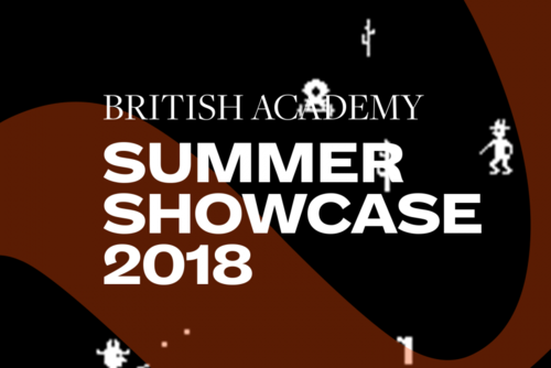 Summer Showcase 2018 translucent branding and typography over an image of white pixels depicting a game with a black background