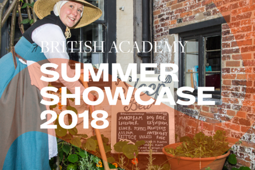 Summer Showcase 2018 translucent branding and typography over an image of a woman in period dress stood outside an apothecary