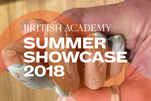 Summer Showcase 2018 translucent branding and typography over an image of a human hand showcasing a fake hand
