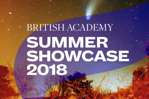Summer Showcase 2018 translucent branding and typography over an image of a brightly lit night sky