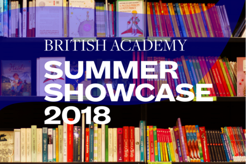 Alt text: Summer Showcase 2018 translucent branding and typography over an image of a full bookcase