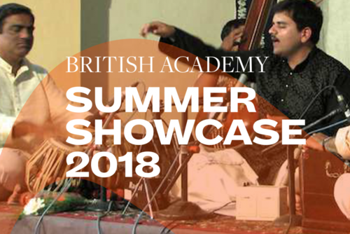 Summer Showcase 2018 translucent branding and typography over an image of three men playing instruments