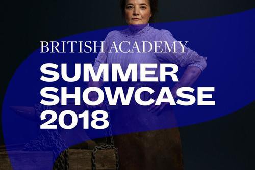 Summer Showcase 2018 translucent branding and typography over an image of a woman standing