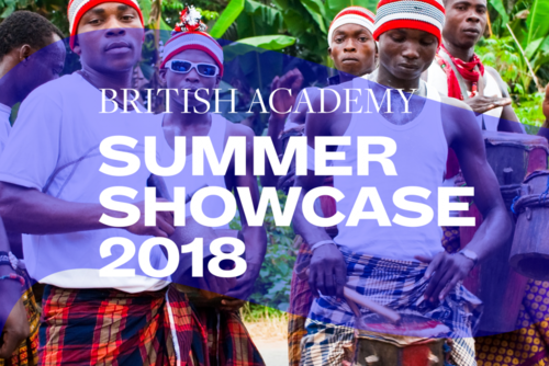 Summer Showcase 2018 translucent branding and typography over an image of six Nigerian men, five of them looking at the camera
