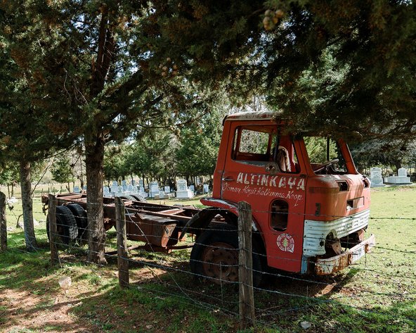 The red truck in the cemetery at Altinkaya. Photo by Koray Kalay and Ekin Kazan.