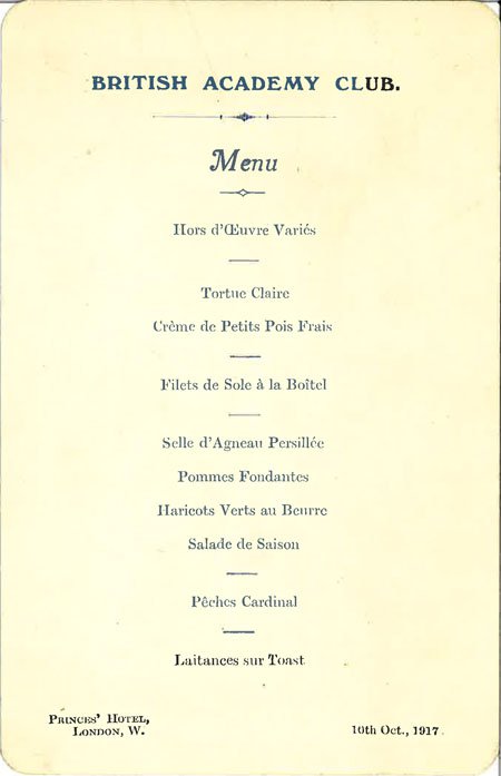British Academy Dining Club menu card (BAR 31)
