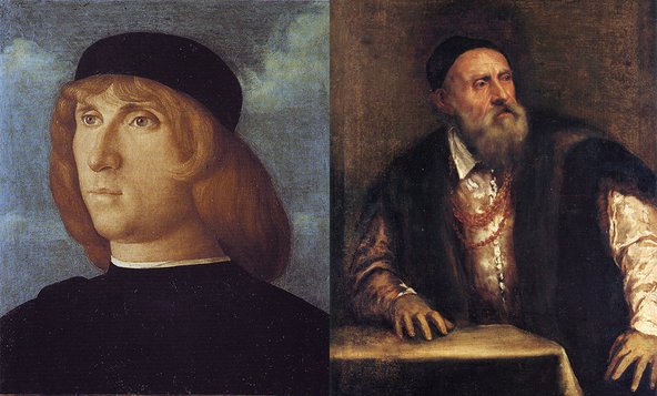  (L) Bellini, Portrait of a Man . Credit: Wikimedia Commons; (R) Titian, Self-portrait. Credit: Wikimedia Commons