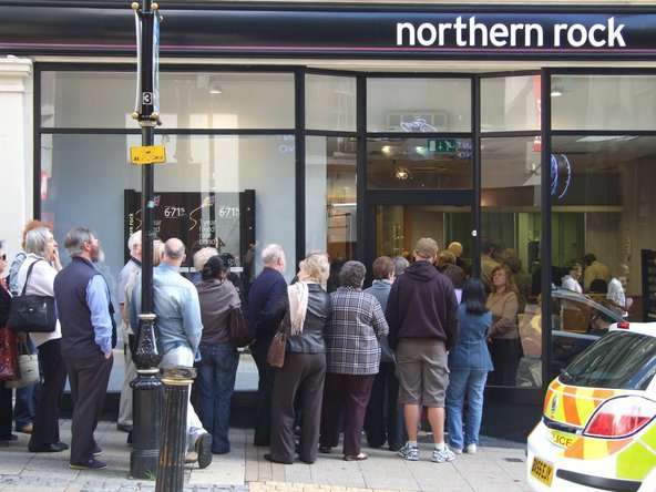 A picture of a bank run outside a branch of Northern Rock in Birmingham, United Kingdom in 2007, when there was speculation about problems with bank.