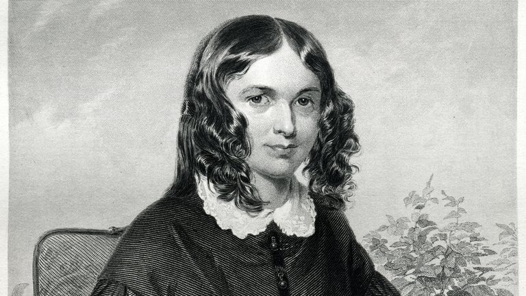 Monochrome portrait engraving of Elizabeth Barrett Browning.
