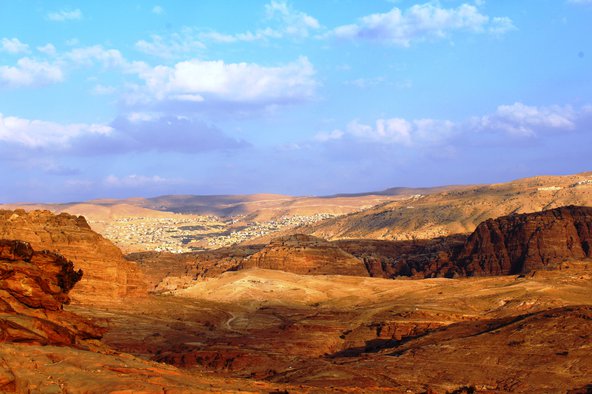 Petra and the city of Wadi Musa on the slopes of the Shara Mountains