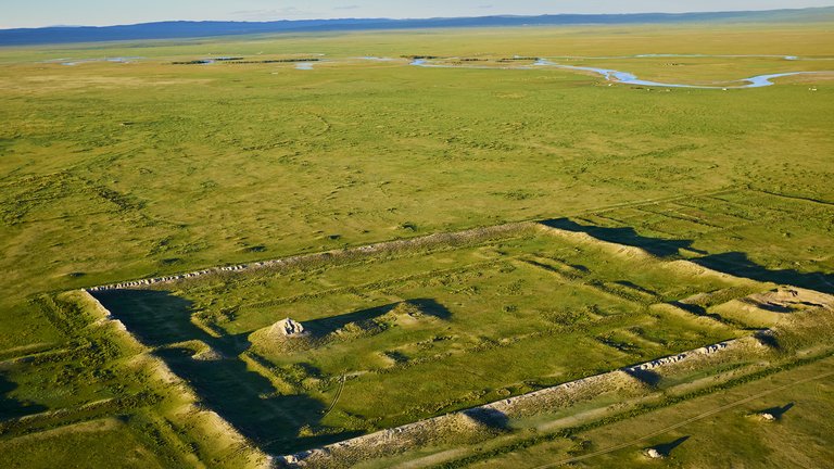 An aerial photo of the ancient Khara Balgas ruins in Mongolia