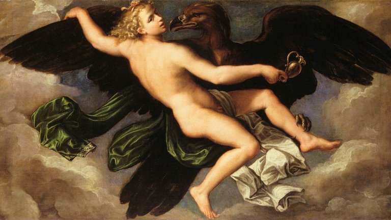 Oil on canvas depicting Ganymede being taken to Olympus by Zeus