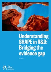 Blue cover of the 'Understanding SHAPE in R&D: bridging the evidence gap' report. Above the title is an abstract image of orange swirling topography against blue sky