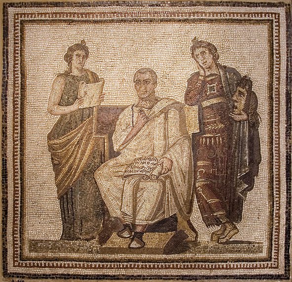 Mosaic artwork showing Virgil, the muse Clio holding a scripture symbolising history, and Melpomene.