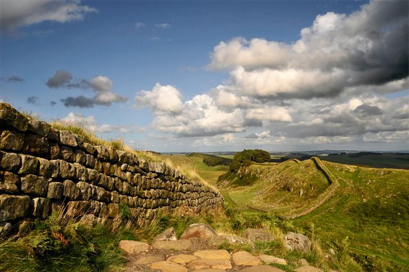 Photograph of Hadrian&#x27;s Wall, a stone wall snaking into the horizon over a grassy field with blue skies above.